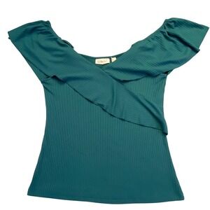 Willow & Root Shirt Women's Size XS Teal Green Ribbed Off Shoulder Ruffle